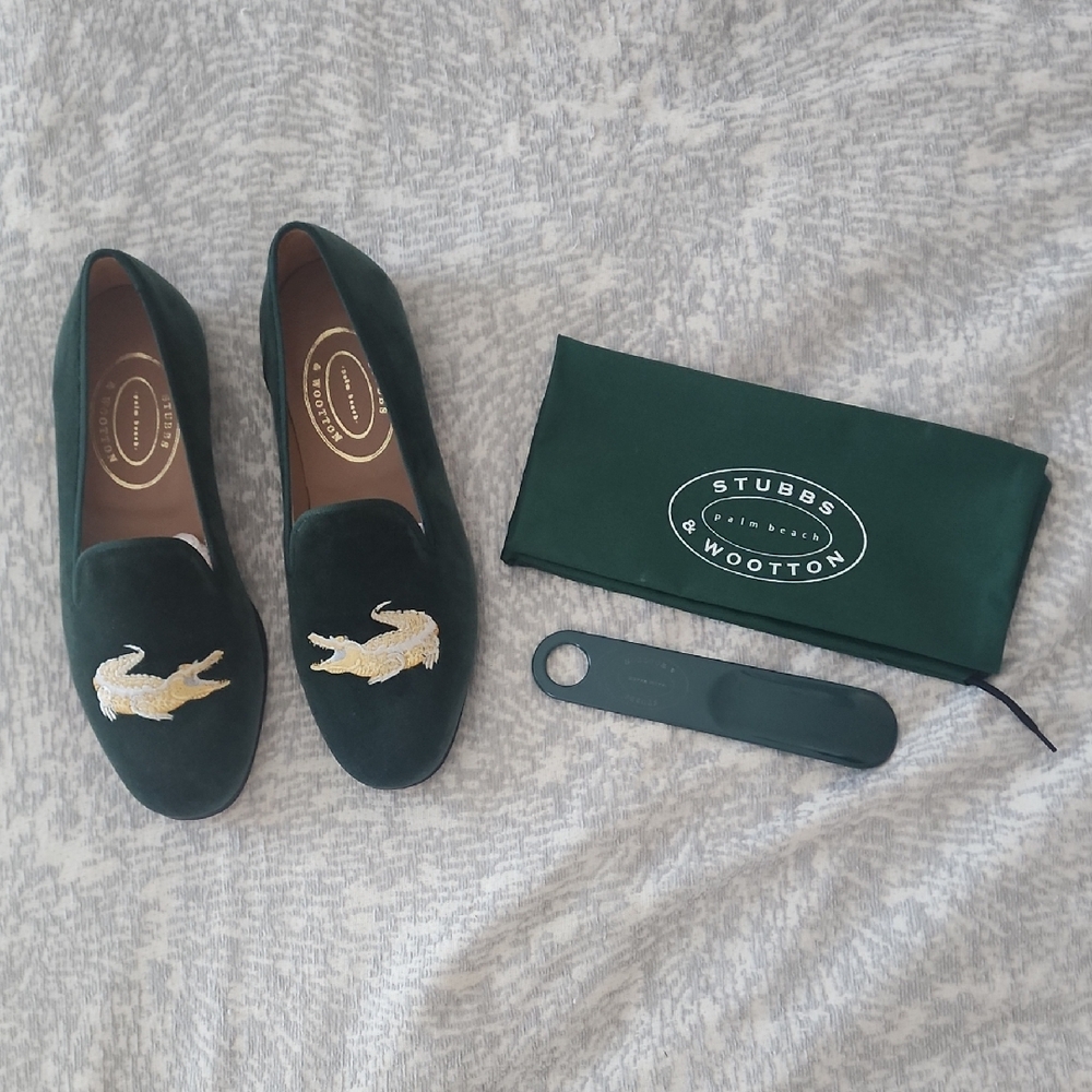 Stubbs & Wootton Dark Green Loafers with Crocodile Embroidery